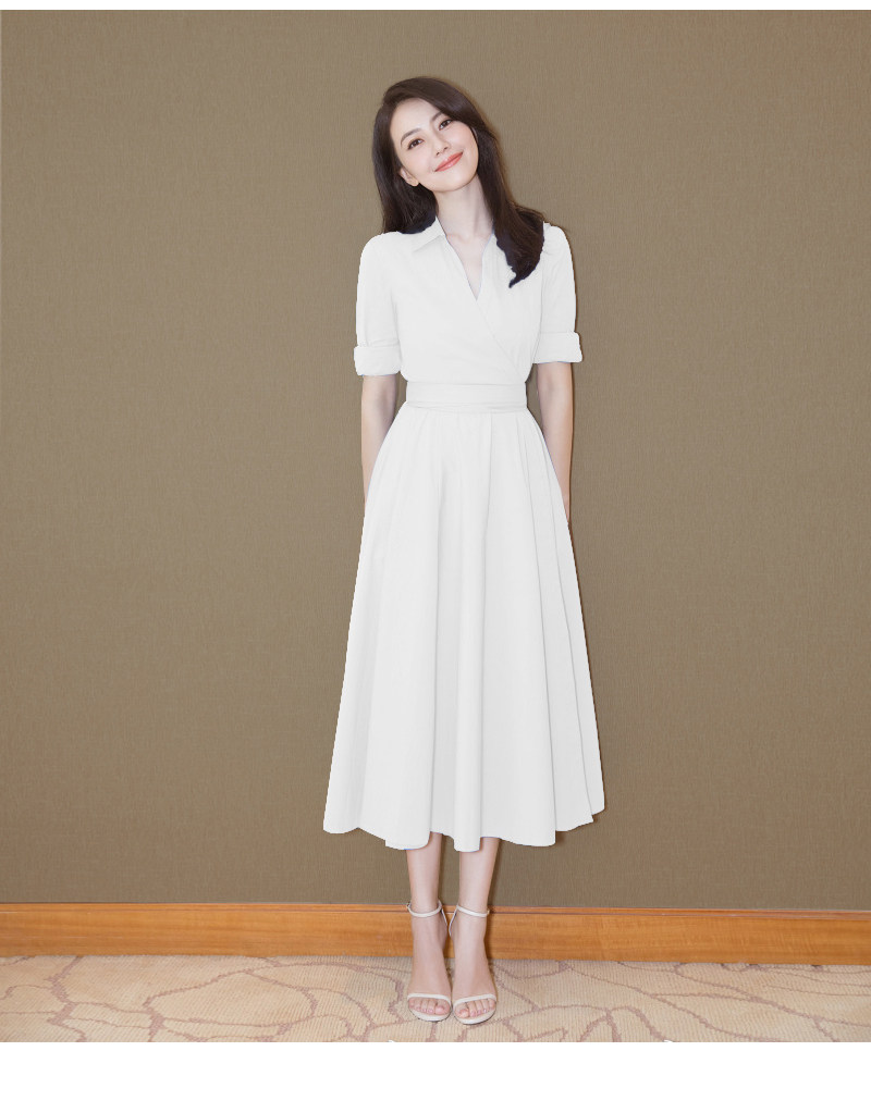 19早春明星高圆圆同款蓝色韩版连衣裙系带收腰v领复古大摆长裙女