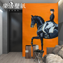 Abstract orange oil painting wall cloth equestrian riding rider light luxury living room porch TV background wallpaper seamless mural