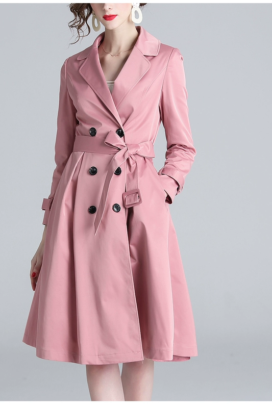 Luge 2021 mùa thu và mùa đông mới của phụ nữ màu hồng lớn ve áo khoác nữ tính dài tay eo là áo gió mỏng CV phụ nữ - Trench Coat
