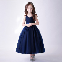 Girls Dress Princess Dress Flower girl wedding dress Childrens evening dress Big child piano performance dress Medium long blue summer