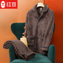 Red bean Shumei Arctic fleece winter warm pajamas mens lapel cardigan loungewear can be worn outside mens loungewear