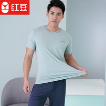 Red bean spring and summer mens modal contrast color soft elastic series short-sleeved loungewear summer mens color spinning pajamas T-shirt