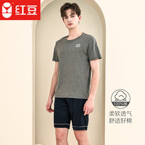 Red bean (100% cotton breathable) spring summer thin short sleeves simple crewneck mens pajamas loungewear set