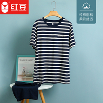 Red bean home wear cotton striped mens short sleeve t-shirt pajamas set five point pants crew neck cotton housewear