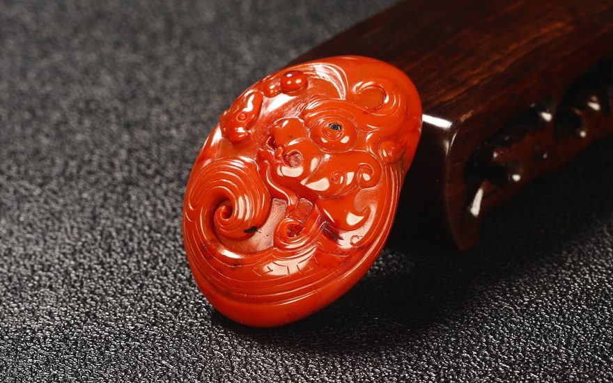 44.70克 柿子红 南红玛瑙 福寿双全挂件 南红瑰宝 - 拍卖