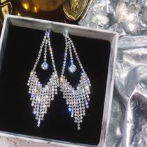 Multi-tassel shiny rhinestone earrings feminine Korean personality wild exaggerated earrings long stud earrings thin drop earrings