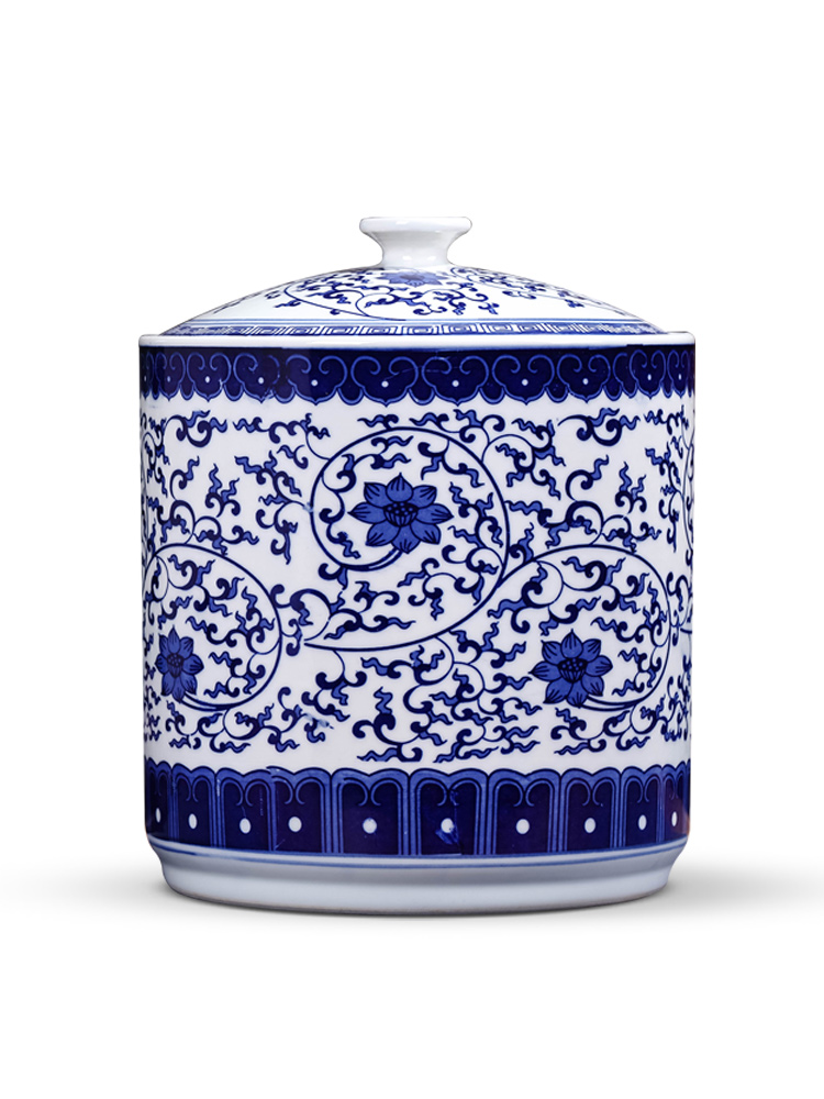 Caddy fixings ceramic seal pot store receives a large blue and white porcelain tea pot of pu 'er tea cake tin tea set