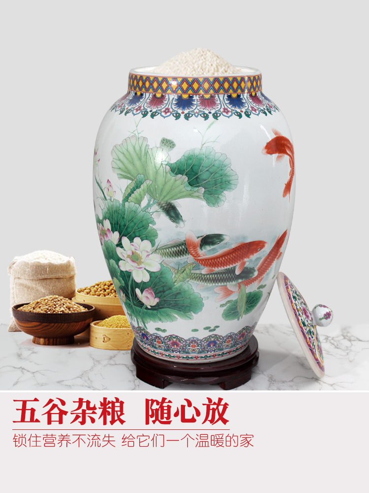 Jingdezhen ceramic barrel pack ricer box store meter box 20 jins 30 jins of 50 kg household moistureproof insect - resistant rice jar with cover the bucket