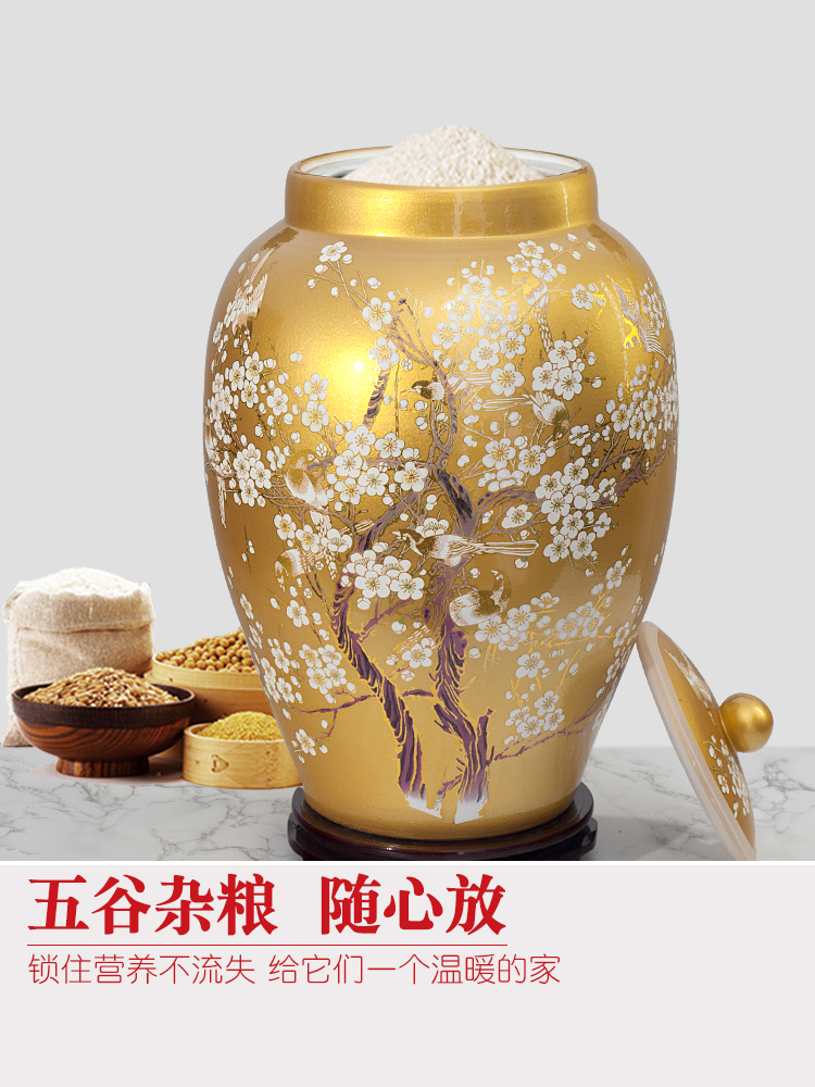 Jingdezhen barrel ricer box 20 jins 30 jins of 50 kg pack household ceramics moistureproof cylinder with cover cylinder tank storage tank