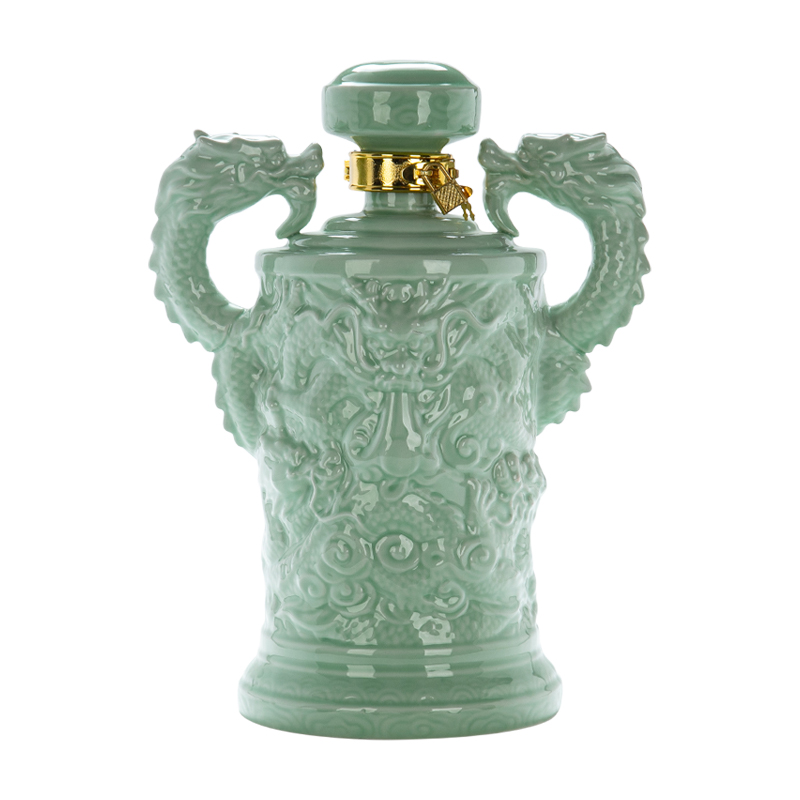 An empty bottle of jingdezhen ceramic household seal 1/10 antique green glaze ssangyong jin wine jar hip flask