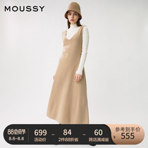 MOUSSY spring and autumn new product solid color V-neck large swing casual knitted dress female 010DAW70-6140