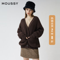 MOUSSY spring new V-neck off shoulder pocket casual knitted cardigan 010DAS70-5370