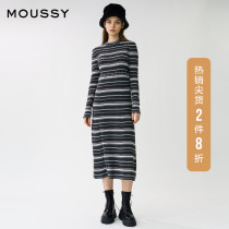 MOUSSY Spring new round neck retro CONTRAST striped knitted dress 010DA770-5630