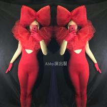 Nightclub bar female singer red butterfly knot exaggerated to serve New Years Valentines Day dance gogo conjoined long pants