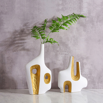 Nordic light luxury white with golden creative ceramic special-shaped small Mouth Vase New Chinese model room flower decoration