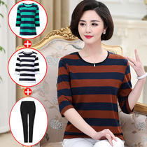 Mom spring cotton long sleeve T-shirt loose middle-aged women Large size striped cotton middle sleeve small shirt top set