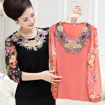 Spring and autumn new elderly womens long sleeve T-shirt mother plus size base shirt 40-50 middle-aged chiffon shirt top