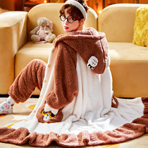 Autumn Winter Pyjamas Lady Flannel Long Sleeve Thickened Cardiovert long fur Coral Fleece with hat Home Exterior Wear Suits