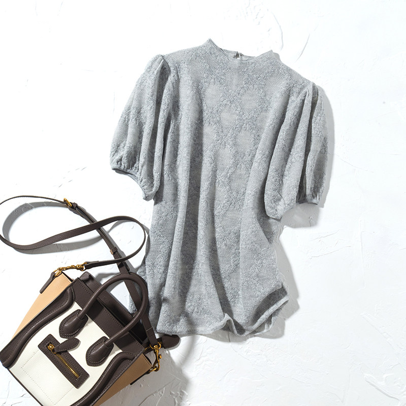 法系复古鸡腿袖气质半高领精致蕾丝提花夹亮丝暗闪针织衫薄上衣女