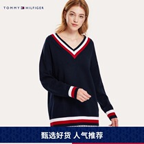 Tommy Womens Autumn Winter Fashion Contrast Color V-neck Long Sweater Knit WW0WW25836
