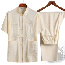 Tang suit male father summer short sleeve suit middle-aged and elderly mens male grandfather Chinese buckle Hanfu male large size shirt