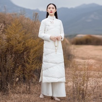 Winter Chinese style Hanfu light down jacket female medium long ethnic Chinese buckle retro improved cheongsam jacket