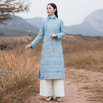 National Chinese style Tang dress thickened cotton linen cotton coat womens long winter dress retro buckle Ramie cheongsam coat cotton suit