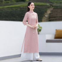 Chinese wind cotton linen embroidered with improved version qipao dress 2022 Summer new Zen tea suit Chinese style retro womens clothing