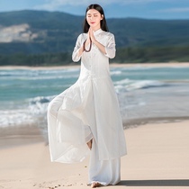 Chinese retro cotton and linen modified Cheongsam dress suit Two-piece set National Chinese style womens zen tea dress