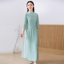 China Wind Improvement Edition Tiansilk cotton numb qipao dress woman summer Chinese style disc buckle retro linen Zen Serie tea suit