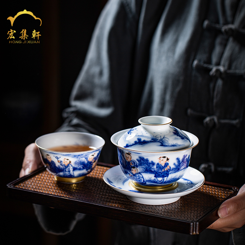 All hand jingdezhen blue and white only three tureen single thin foetus ceramic cups tea bowl kung fu tea set