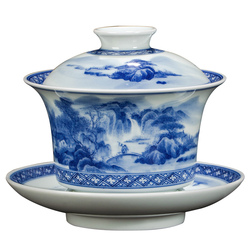 Macro sets hin jingdezhen tureen hand - drawn work full of blue and white landscape three to make tea tureen white porcelain cups in large bowl