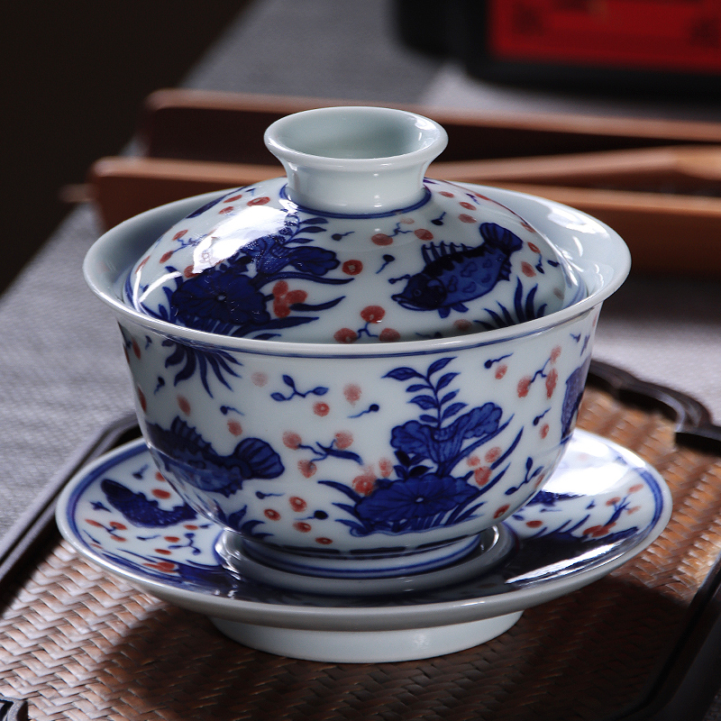 Youligong blue algal tureen fish grain jingdezhen blue and white kunfu tea tureen checking large tea tea bowl