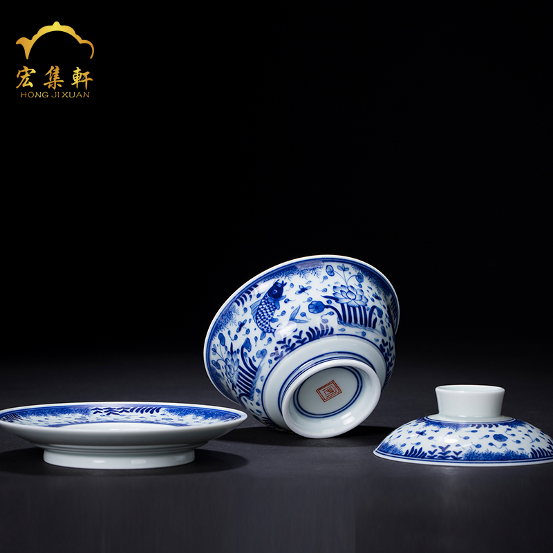 Fish and algae grain tureen hand archaize tureen of blue and white porcelain of jingdezhen ceramic tea set three cups to tureen tea bowls