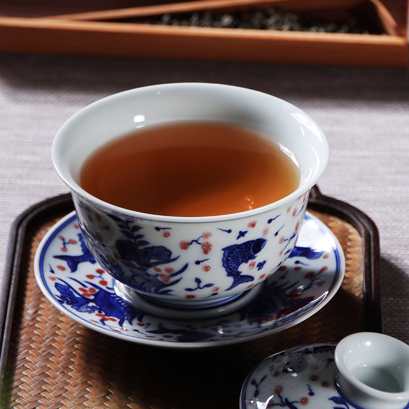 Youligong blue algal tureen fish grain jingdezhen blue and white kunfu tea tureen checking large tea tea bowl