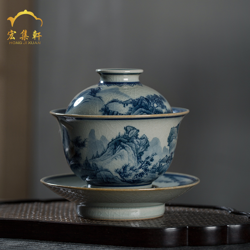 Maintain tureen jingdezhen ceramic only three tureen large blue and white triangle flowers pattern circle hand - made scenery kung fu tea tea bowl