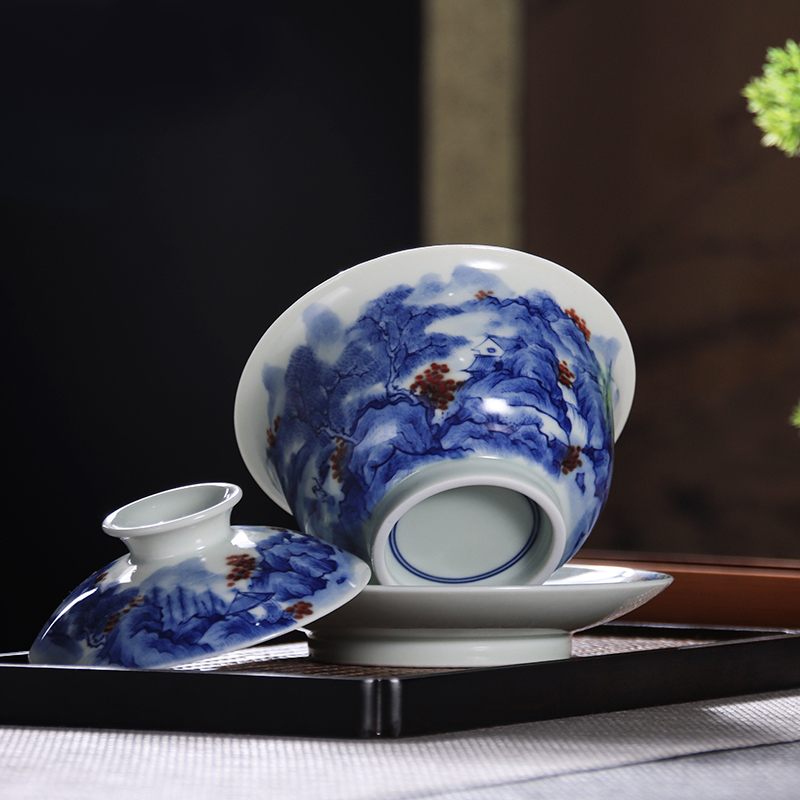 Jingdezhen blue and white youligong tureen tea bowl manual hand - made large landscape three tureen kung fu tea set