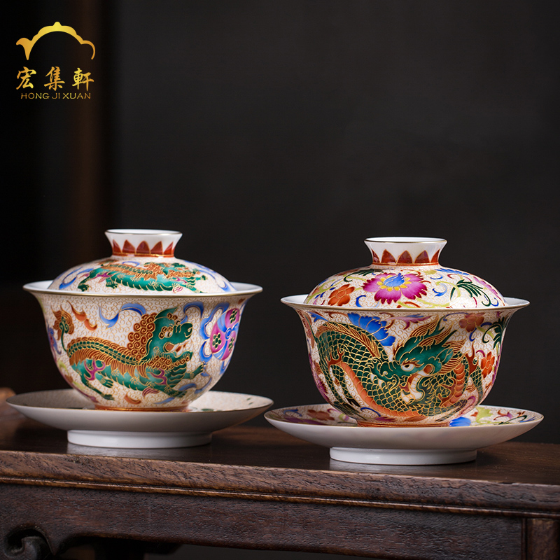 Colored enamel porcelain tureen teacups hand - made lion only three cups of tea bowl full manual jingdezhen kung fu tea set