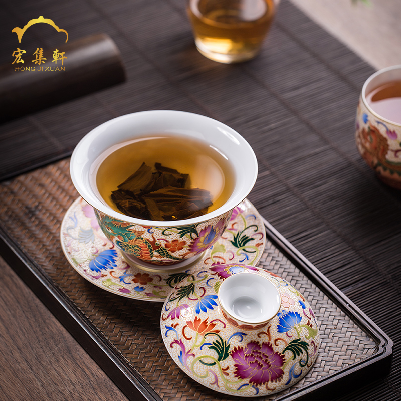 Colored enamel porcelain tureen teacups hand - made lion only three cups of tea bowl full manual jingdezhen kung fu tea set