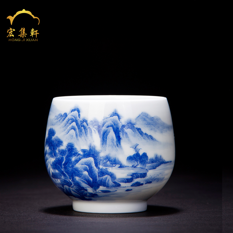 Jingdezhen tea blue - and - white porcelain teacup masters cup meditation of large ocean 's cup single landscape kung fu cup