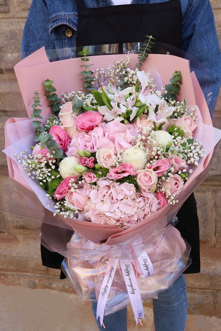 大连鲜花同城速递粉红雪山玫瑰水仙百合混搭花束过生日节日鲜花