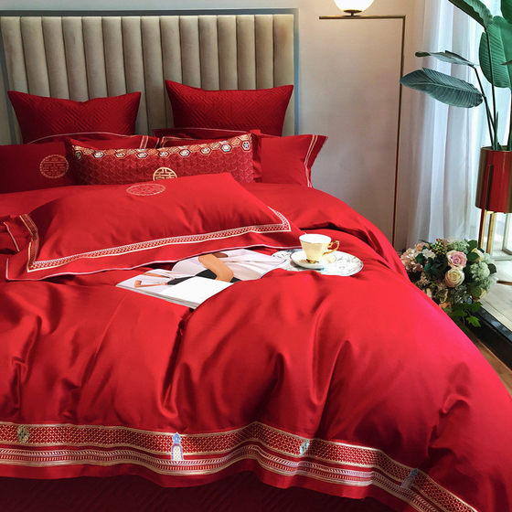 Dahong high-end wedding 100 long velvet cotton four-piece set wedding pure cotton embroidered bedding sheets
Dahong high-end wedding 100 long velvet cotton four-piece set wedding pure cotton embroidered bedding sheets