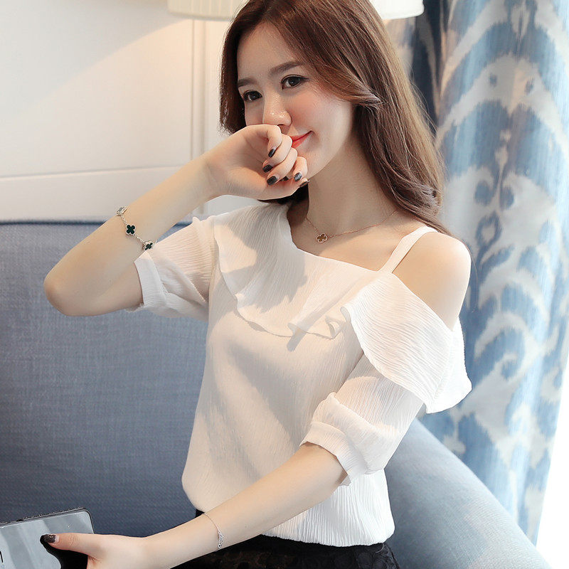 斜肩雪纺衫女短袖 2017夏装新款甜美荷叶边超仙显瘦吊带露肩上衣_7折