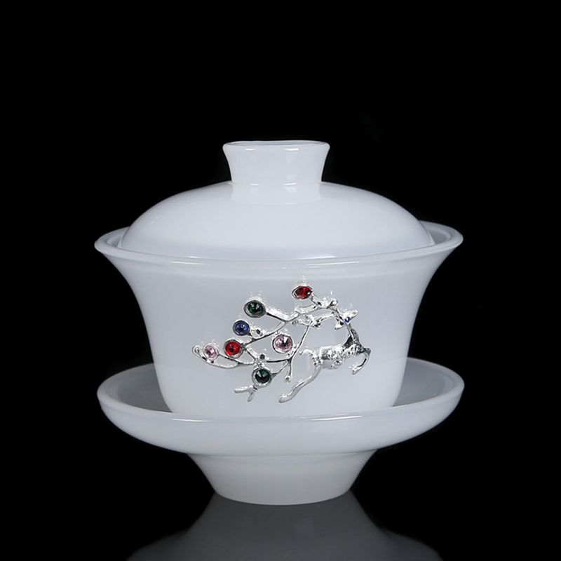 China Qian suet jade porcelain tureen only three big bowl tea saucer white ceramic glass colored glaze kung fu tea accessories