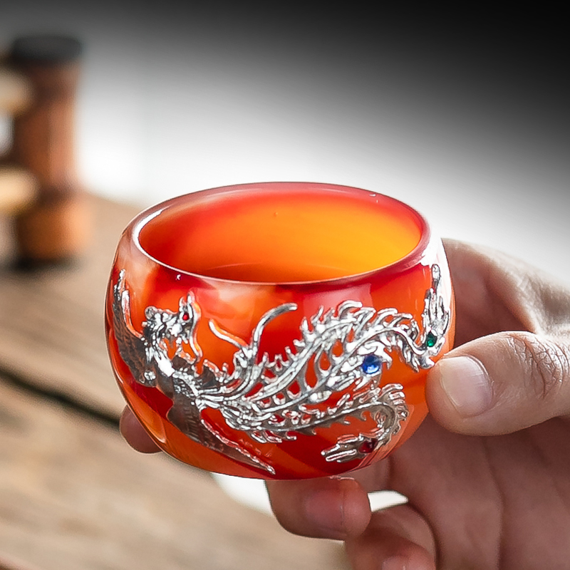 Onyx silver inlaid with jade porcelain teacup master cup single coloured glaze jade heat - resistant glass tea cup small tea light kung fu tea set