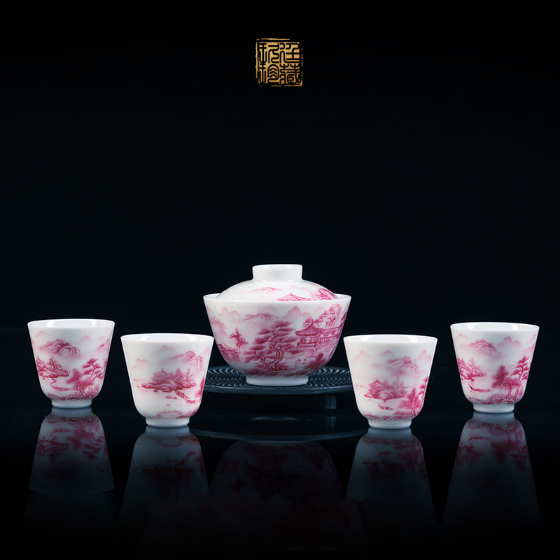 About Nine katyn hand - made of ruby landscape tureen jingdezhen manual kung fu tea set white porcelain tea bowl of tea cups