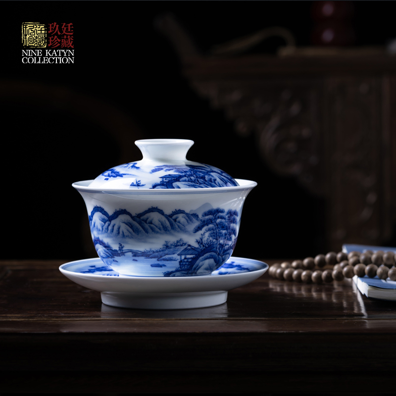 Nine at jingdezhen blue and white big tureen manual hand - made landscape ceramic kung fu tea set three single tea bowl to bowl