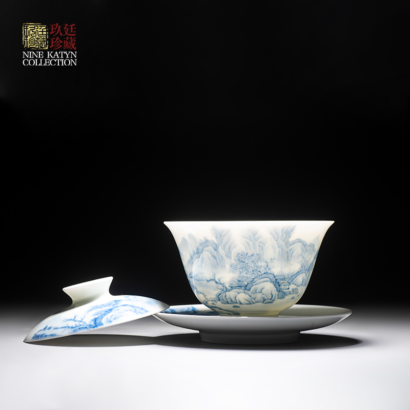 Nine at the jingdezhen ceramic kung fu tea set single tureen pure manual hand - made of blue and white porcelain three small bowl bowl 90 ml