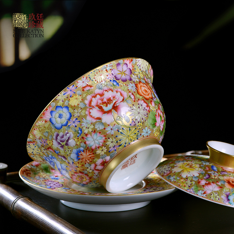 Three to nine katyn colored enamel craft ceramics tureen jingdezhen tea cups hand - made gold base flower tea cup bowl