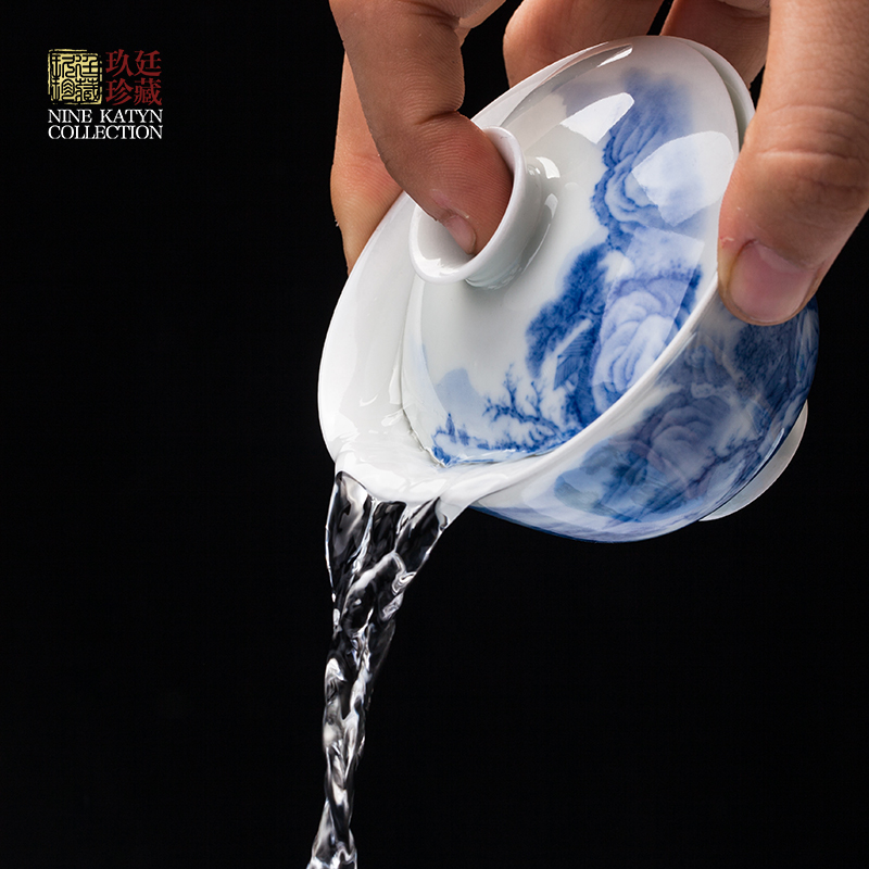 Nine at the jingdezhen ceramic kung fu tea set single tureen pure manual hand - made of blue and white porcelain three small bowl bowl 90 ml